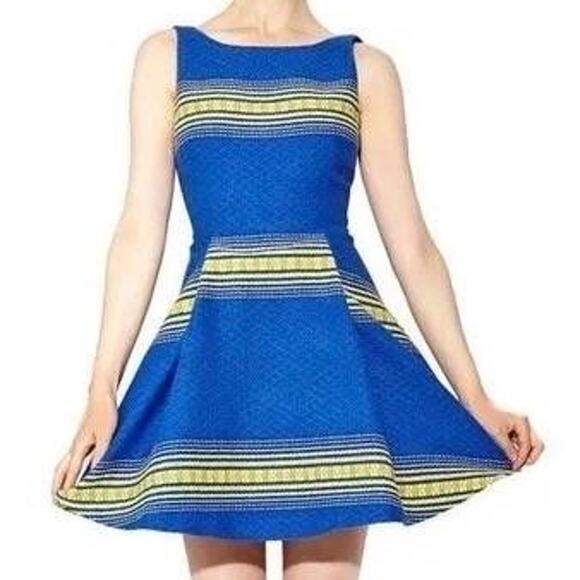 NWOT ALICE OLIVIA Dress 8 Royal-Blue Yellow Tweed Fit&Flare Pleated V-Open-Back - Picture 1 of 9